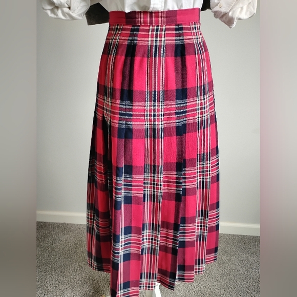 Pendleton Vintage 80s Wool Pleated Maxi Skirt Preppy Navy Blue Red Plaid Size 8 - Picture 6 of 15